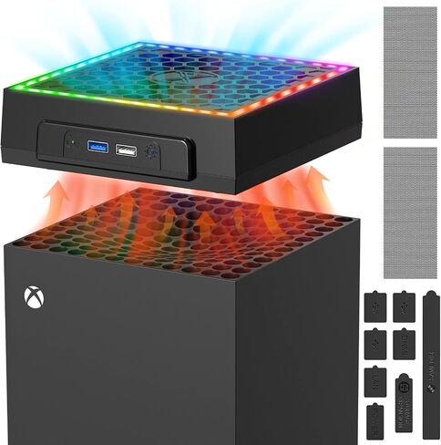 مروحة تبريد لوحدة تحكم Xbox Series X مع شريط اضاءة ملون وغطاء غبار وسدادات غبار مطاطية 12 انش سرعة قابلة للتعديل منخفضة الضوضاء مع اضواء LED RGB ومنفذي USB ومفتاح لمس in Saudi Arabia