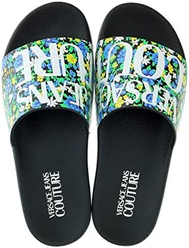 Versace Jeans Couture Electric Blue Floral Signature Print Wide Strap Slide - for mens in Saudi Arabia