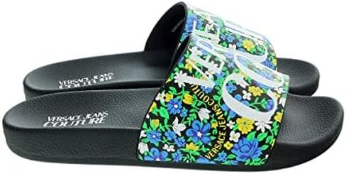 Versace Jeans Couture Electric Blue Floral Signature Print Wide Strap Slide - for mens in Saudi Arabia
