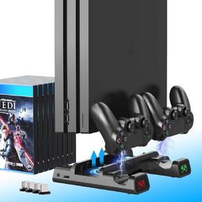 حامل عمودي KUYIGAME لجهاز PS4 Slim/PS4 Pro مع مروحتي تبريد، ومحطة شحن مزدوجة لجهاز PlayStation 4 وحدة تحكم Dualshock مع 4x Mini Dongle، 10x قوس تخزين الألعاب لـ PS4/Pro/Slim in Kuwait