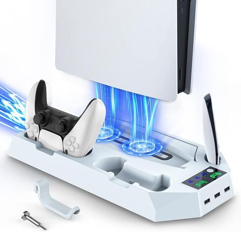 محطة شحن YCCSKY PS5 مع مروحة تبريد، محطة توصيل وحدة تحكم PS5 مع محطة تبريد، 3 منافذ USB، شاحن وحدة تحكم مزدوج، حامل سماعة الرأس، مروحة تبريد منخفضة الضوضاء 3 أنواع in Kuwait
