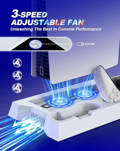 محطة شحن YCCSKY PS5 مع مروحة تبريد، محطة توصيل وحدة تحكم PS5 مع محطة تبريد، 3 منافذ USB، شاحن وحدة تحكم مزدوج، حامل سماعة الرأس، مروحة تبريد منخفضة الضوضاء 3 أنواع in Kuwait