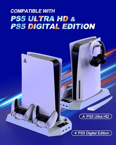 محطة شحن YCCSKY PS5 مع مروحة تبريد، محطة توصيل وحدة تحكم PS5 مع محطة تبريد، 3 منافذ USB، شاحن وحدة تحكم مزدوج، حامل سماعة الرأس، مروحة تبريد منخفضة الضوضاء 3 أنواع in Kuwait