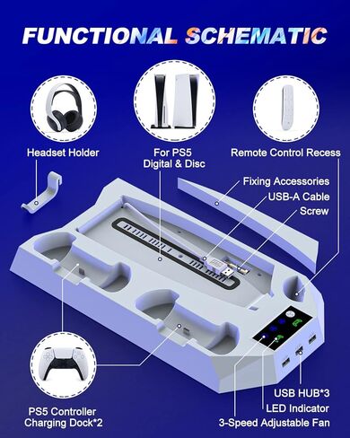 محطة شحن YCCSKY PS5 مع مروحة تبريد، محطة توصيل وحدة تحكم PS5 مع محطة تبريد، 3 منافذ USB، شاحن وحدة تحكم مزدوج، حامل سماعة الرأس، مروحة تبريد منخفضة الضوضاء 3 أنواع in Kuwait
