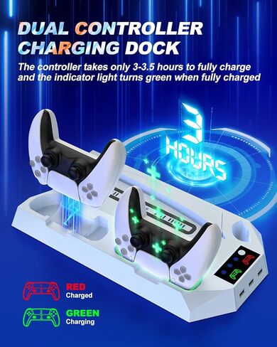 محطة شحن YCCSKY PS5 مع مروحة تبريد، محطة توصيل وحدة تحكم PS5 مع محطة تبريد، 3 منافذ USB، شاحن وحدة تحكم مزدوج، حامل سماعة الرأس، مروحة تبريد منخفضة الضوضاء 3 أنواع in Kuwait