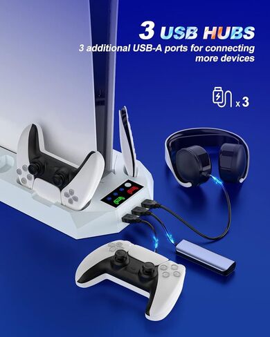 محطة شحن YCCSKY PS5 مع مروحة تبريد، محطة توصيل وحدة تحكم PS5 مع محطة تبريد، 3 منافذ USB، شاحن وحدة تحكم مزدوج، حامل سماعة الرأس، مروحة تبريد منخفضة الضوضاء 3 أنواع in Kuwait