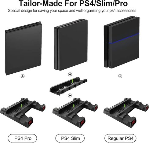 حامل عمودي KUYIGAME لجهاز PS4 Slim/PS4 Pro مع مروحتي تبريد، ومحطة شحن مزدوجة لجهاز PlayStation 4 وحدة تحكم Dualshock مع 4x Mini Dongle، 10x قوس تخزين الألعاب لـ PS4/Pro/Slim in Kuwait