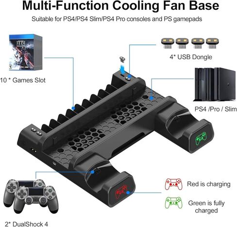 حامل عمودي KUYIGAME لجهاز PS4 Slim/PS4 Pro مع مروحتي تبريد، ومحطة شحن مزدوجة لجهاز PlayStation 4 وحدة تحكم Dualshock مع 4x Mini Dongle، 10x قوس تخزين الألعاب لـ PS4/Pro/Slim in Kuwait