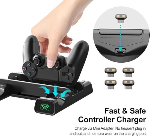 حامل عمودي KUYIGAME لجهاز PS4 Slim/PS4 Pro مع مروحتي تبريد، ومحطة شحن مزدوجة لجهاز PlayStation 4 وحدة تحكم Dualshock مع 4x Mini Dongle، 10x قوس تخزين الألعاب لـ PS4/Pro/Slim in Kuwait