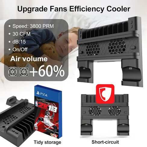 حامل عمودي KUYIGAME لجهاز PS4 Slim/PS4 Pro مع مروحتي تبريد، ومحطة شحن مزدوجة لجهاز PlayStation 4 وحدة تحكم Dualshock مع 4x Mini Dongle، 10x قوس تخزين الألعاب لـ PS4/Pro/Slim in Kuwait