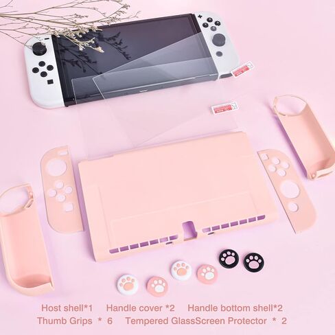 DLseego Switch OLED حافظة واقية قابلة للإرساء بغطاء صلب مضاد للخدش مع ملحق جويكون مع 6 قطع من أغطية مقابض الإبهام وقطعتين من واقيات الشاشة - وردي in Kuwait