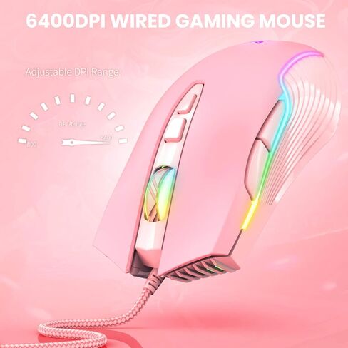 NEWSTYP لطيف RGB 6400 نقطة في البوصة ماوس الألعاب السلكية التنفس LED بصري USB 7 أزرار ألعاب الكمبيوتر الفئران الوردي لأجهزة الكمبيوتر المحمول سطح المكتب (الوردي) in Saudi Arabia