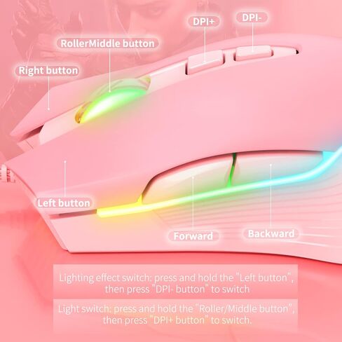 NEWSTYP لطيف RGB 6400 نقطة في البوصة ماوس الألعاب السلكية التنفس LED بصري USB 7 أزرار ألعاب الكمبيوتر الفئران الوردي لأجهزة الكمبيوتر المحمول سطح المكتب (الوردي) in Saudi Arabia