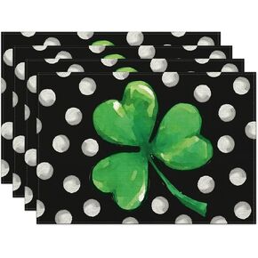 St. Patrick's Day Shamrock Placemats Set of 4,12x18 Inch Lucky Clover with White Dots Heat-Resistant Place Mats,Green Irish Table Decors for Seasonal Farmhouse Kitchen Dining Holiday Party in Saudi Arabia