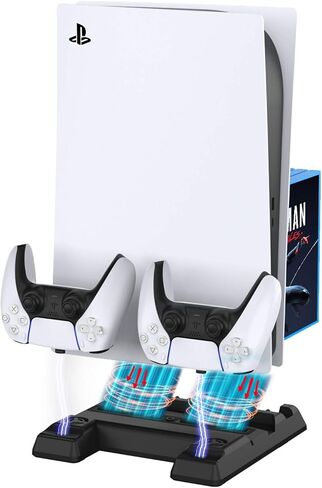BEJOY Multifunctional Vertical Stand with Dual Cooling Fans for PS5 Console, 3-Level Rotate Fans Speed, Dual Type-C PS5 Charging Station with Gaming Headset Holder, 11 Games Boxes Storage, Black in Saudi Arabia
