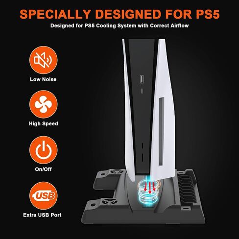 BEJOY Multifunctional Vertical Stand with Dual Cooling Fans for PS5 Console, 3-Level Rotate Fans Speed, Dual Type-C PS5 Charging Station with Gaming Headset Holder, 11 Games Boxes Storage, Black in Saudi Arabia