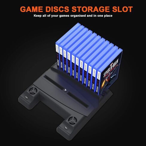 BEJOY Multifunctional Vertical Stand with Dual Cooling Fans for PS5 Console, 3-Level Rotate Fans Speed, Dual Type-C PS5 Charging Station with Gaming Headset Holder, 11 Games Boxes Storage, Black in Saudi Arabia