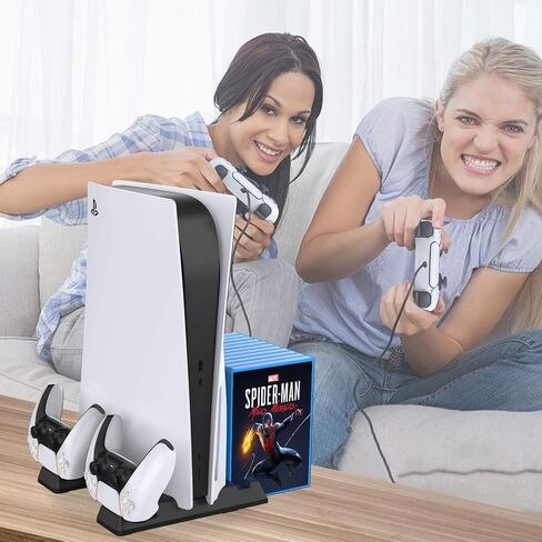 BEJOY Multifunctional Vertical Stand with Dual Cooling Fans for PS5 Console, 3-Level Rotate Fans Speed, Dual Type-C PS5 Charging Station with Gaming Headset Holder, 11 Games Boxes Storage, Black in Saudi Arabia