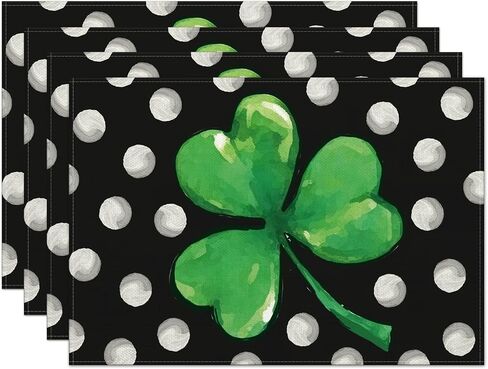 St. Patrick's Day Shamrock Placemats Set of 4,12x18 Inch Lucky Clover with White Dots Heat-Resistant Place Mats,Green Irish Table Decors for Seasonal Farmhouse Kitchen Dining Holiday Party in Saudi Arabia