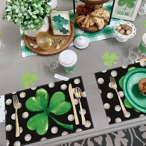 St. Patrick's Day Shamrock Placemats Set of 4,12x18 Inch Lucky Clover with White Dots Heat-Resistant Place Mats,Green Irish Table Decors for Seasonal Farmhouse Kitchen Dining Holiday Party in Saudi Arabia