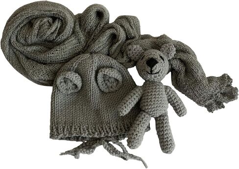 دعائم التصوير الفوتوغرافي للأطفال حديثي الولادة مع لفافة أطفال - لف ممتد طويل مع قبعة كروشيه صغيرة ودبدوب محبوك - مجموعة كاملة من 3 قطع لقماط الرضع للأولاد والبنات in Kuwait