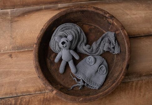 دعائم التصوير الفوتوغرافي للأطفال حديثي الولادة مع لفافة أطفال - لف ممتد طويل مع قبعة كروشيه صغيرة ودبدوب محبوك - مجموعة كاملة من 3 قطع لقماط الرضع للأولاد والبنات in Kuwait