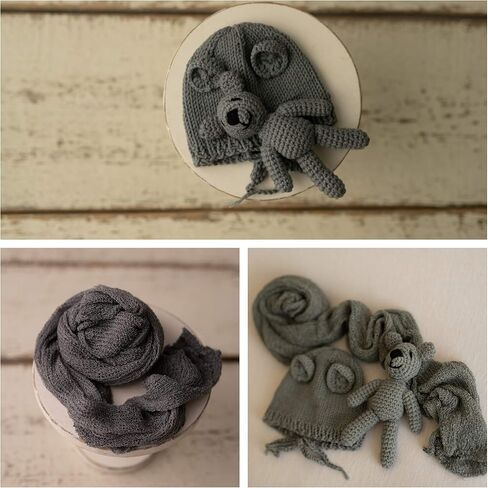 دعائم التصوير الفوتوغرافي للأطفال حديثي الولادة مع لفافة أطفال - لف ممتد طويل مع قبعة كروشيه صغيرة ودبدوب محبوك - مجموعة كاملة من 3 قطع لقماط الرضع للأولاد والبنات in Kuwait