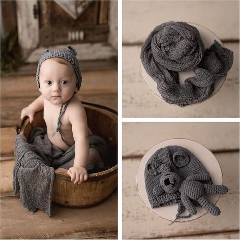 دعائم التصوير الفوتوغرافي للأطفال حديثي الولادة مع لفافة أطفال - لف ممتد طويل مع قبعة كروشيه صغيرة ودبدوب محبوك - مجموعة كاملة من 3 قطع لقماط الرضع للأولاد والبنات in Kuwait