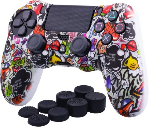 YoRHa Water Transfer Printing Camouflage Silicone Cover Skin Case for Sony PS4/slim/Pro Dualshock 4 Controller x 1(US Dollar) with Pro Thumb Grips x 8 in Saudi Arabia
