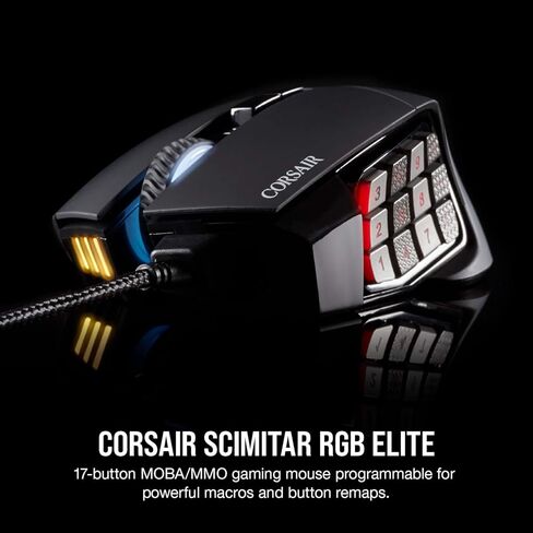 كورسير، Scimitar RGB Elite، ماوس ألعاب MOBA/MMO، أسود، إضاءة خلفية RGB LED، 18000 نقطة لكل بوصة، بصري (متجدد) in Kuwait