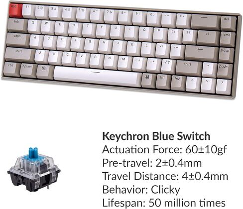 Keychron K6 Hot Swappable Wireless Bluetooth 5.1/Wired Mechanical Gaming Keyboard, 65% Compact 68-Key RGB LED Backlight/Gateron Brown Switch/Rechargeable Battery for Mac Windows in Kuwait
