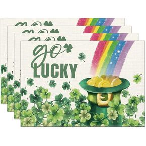 St. Patricks Day Placemats Set of 4,12x18 Inch Go Lucky with Shamrock Hat Rainbow Heat-Resistant Place Mats,Green Irish Table Decors for Seasonal Farmhouse Kitchen Dining Holiday Party in Saudi Arabia