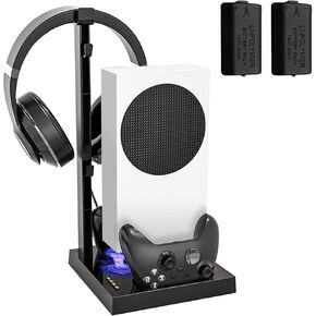 قاعدة حامل عمودية لوحدة تحكم Xbox Series S مع مروحتين تبريد، محطة شحن مزدوجة لوحدة تحكم ارفين مع بطارية قابلة لاعادة الشحن 2 × 1400 مللي امبير في الساعة، حامل تعليق سماعة الراس و4 ملحقات محول من النوع in Kuwait