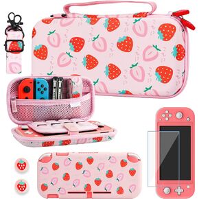 روتال حقيبة حمل لجهاز نينتندو سويتش لايت، حزمة ملحقات غطاء حافظة لطيفة لجهاز سويتش لايت مع غلاف واقي من البولي يوريثين الحراري، حزام كتف قابل للتعديل، واقي شاشة و2 غطاء ابهام - فراولة in Kuwait