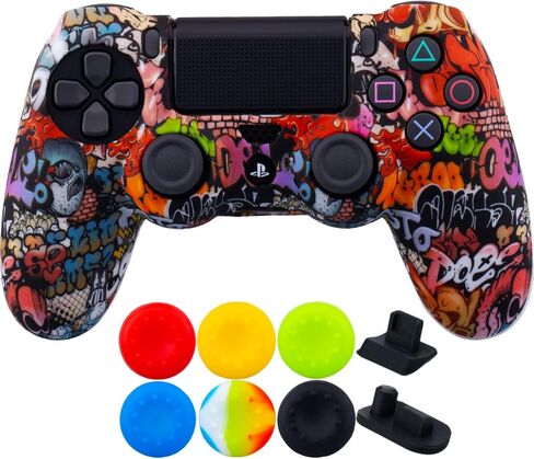 9CDeer، قطعة واحدة من غطاء حماية بطباعة السيليكون + 6 مقابض إبهام ومقابس مقاومة للغبار لجهاز تحكم PS4/Slim/Pro باللون الرمادي المموه in Kuwait