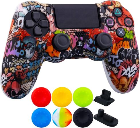 9CDeer، قطعة واحدة من غطاء حماية بطباعة السيليكون + 6 مقابض إبهام ومقابس مقاومة للغبار لجهاز تحكم PS4/Slim/Pro باللون الرمادي المموه in Kuwait