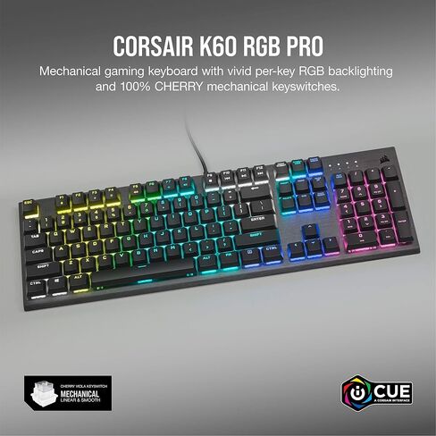 لوحة مفاتيح الألعاب الميكانيكية Corsair K60 RGB Pro - مفاتيح مفاتيح ميكانيكية CHERRY - إطار من الألومنيوم المتين - إضاءة خلفية RGB قابلة للتخصيص لكل مفتاح (متجددة) in Saudi Arabia