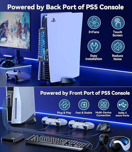 Upgraded PS5 Cooling Fan with USB HUB Bundle Kit, Quieter External PS5 Fan with 3 Different Fan speeds, PS5 USB HUB for PS5 Accessories with Charger & Data Transmission, PS5 Fan for PS5 Disc & Digital in Kuwait