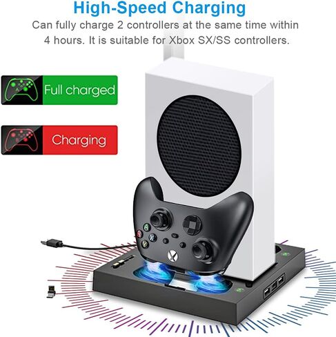 قاعدة حامل عمودية لوحدة تحكم Xbox Series S مع مروحتين تبريد، محطة شحن مزدوجة لوحدة تحكم ارفين مع بطارية قابلة لاعادة الشحن 2 × 1400 مللي امبير في الساعة، حامل تعليق سماعة الراس و4 ملحقات محول من النوع in Kuwait