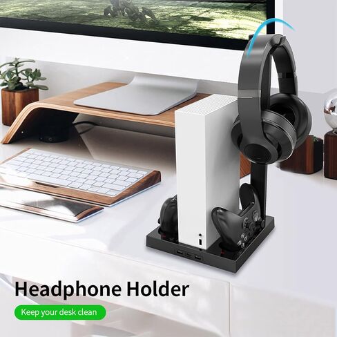 قاعدة حامل عمودية لوحدة تحكم Xbox Series S مع مروحتين تبريد، محطة شحن مزدوجة لوحدة تحكم ارفين مع بطارية قابلة لاعادة الشحن 2 × 1400 مللي امبير في الساعة، حامل تعليق سماعة الراس و4 ملحقات محول من النوع in Kuwait