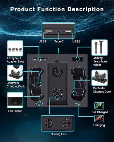 قاعدة حامل عمودية لوحدة تحكم Xbox Series S مع مروحتين تبريد، محطة شحن مزدوجة لوحدة تحكم ارفين مع بطارية قابلة لاعادة الشحن 2 × 1400 مللي امبير في الساعة، حامل تعليق سماعة الراس و4 ملحقات محول من النوع in Kuwait