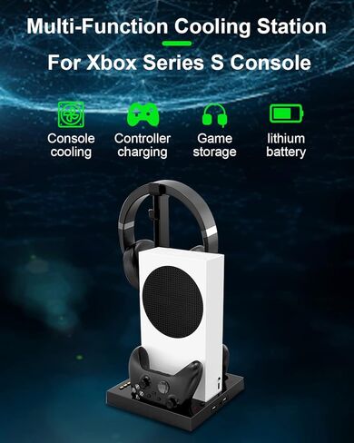 قاعدة حامل عمودية لوحدة تحكم Xbox Series S مع مروحتين تبريد، محطة شحن مزدوجة لوحدة تحكم ارفين مع بطارية قابلة لاعادة الشحن 2 × 1400 مللي امبير في الساعة، حامل تعليق سماعة الراس و4 ملحقات محول من النوع in Kuwait