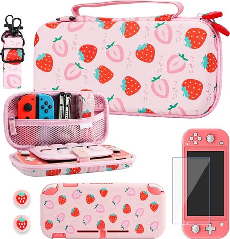 RHOTALL Carrying Case for Nintendo Switch Lite, Cute Case Cover Accessories Bundle for Switch Lite with TPU Protective Shell, Adjustable Shoulder Strap, Screen Protector and 2 Thumb Caps - Strawberry in Kuwait