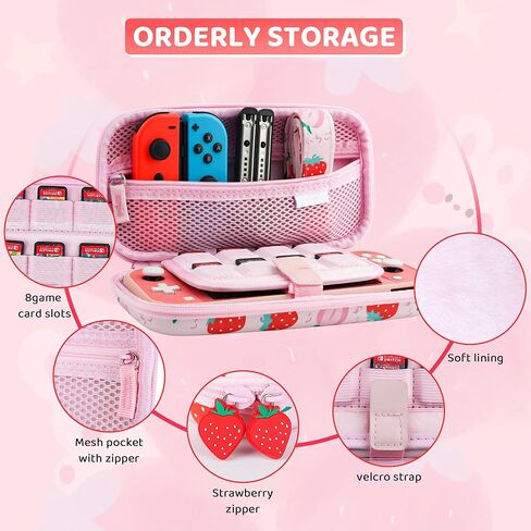 RHOTALL Carrying Case for Nintendo Switch Lite, Cute Case Cover Accessories Bundle for Switch Lite with TPU Protective Shell, Adjustable Shoulder Strap, Screen Protector and 2 Thumb Caps - Strawberry in Kuwait