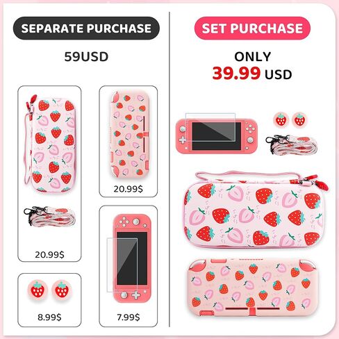 RHOTALL Carrying Case for Nintendo Switch Lite, Cute Case Cover Accessories Bundle for Switch Lite with TPU Protective Shell, Adjustable Shoulder Strap, Screen Protector and 2 Thumb Caps - Strawberry in Kuwait