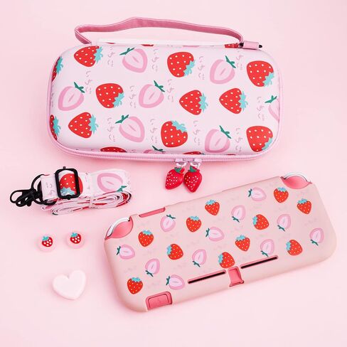 RHOTALL Carrying Case for Nintendo Switch Lite, Cute Case Cover Accessories Bundle for Switch Lite with TPU Protective Shell, Adjustable Shoulder Strap, Screen Protector and 2 Thumb Caps - Strawberry in Kuwait