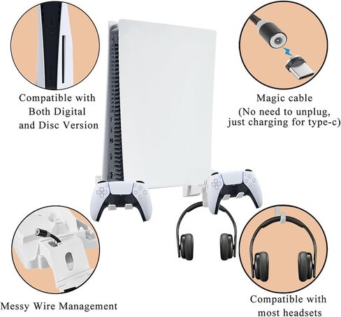 حامل تثبيت على الحائط لجهاز بلاي ستيشن 5 (PS5)، دعامة تثبيت قوية 5 في 1 لجهاز PS5، وحدة تحكم قابلة للفصل وحامل سماعة الرأس، تبديد الحرارة، مع مستوى الروح وحصيرة غير قابلة للانزلاق (مع غطاء غبار) in Kuwait