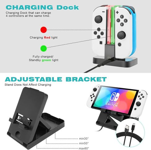 مجموعة الملحقات لنينتندو سويتش OLED مجموعة الألعاب، حقيبة حمل، واقي شاشة، حافظة TPU، قاعدة شحن، حامل ألعاب، كابل USB، مقابض عجلات J-Con، أغطية جلدية لنينتندو سويتش OLED (21 في 1) in Kuwait