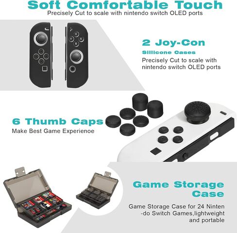 مجموعة الملحقات لنينتندو سويتش OLED مجموعة الألعاب، حقيبة حمل، واقي شاشة، حافظة TPU، قاعدة شحن، حامل ألعاب، كابل USB، مقابض عجلات J-Con، أغطية جلدية لنينتندو سويتش OLED (21 في 1) in Kuwait