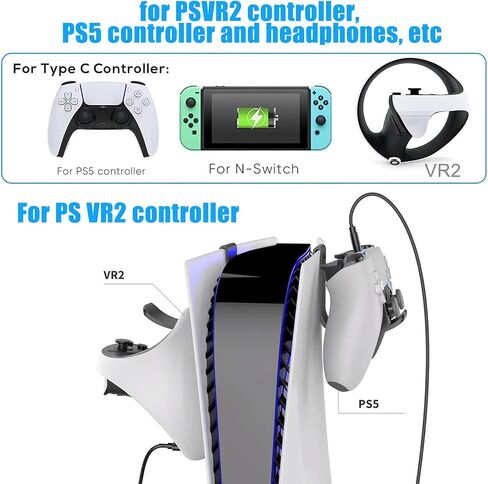 حامل وحدة تحكم PS5، سلك شحن 2 في 1 USB إلى نوع C لجهاز PS5، قطعتان من سماعات الرأس وحامل تخزين وحدة التحكم ملحقات PS5 المتوافقة مع Playstation5 in Kuwait